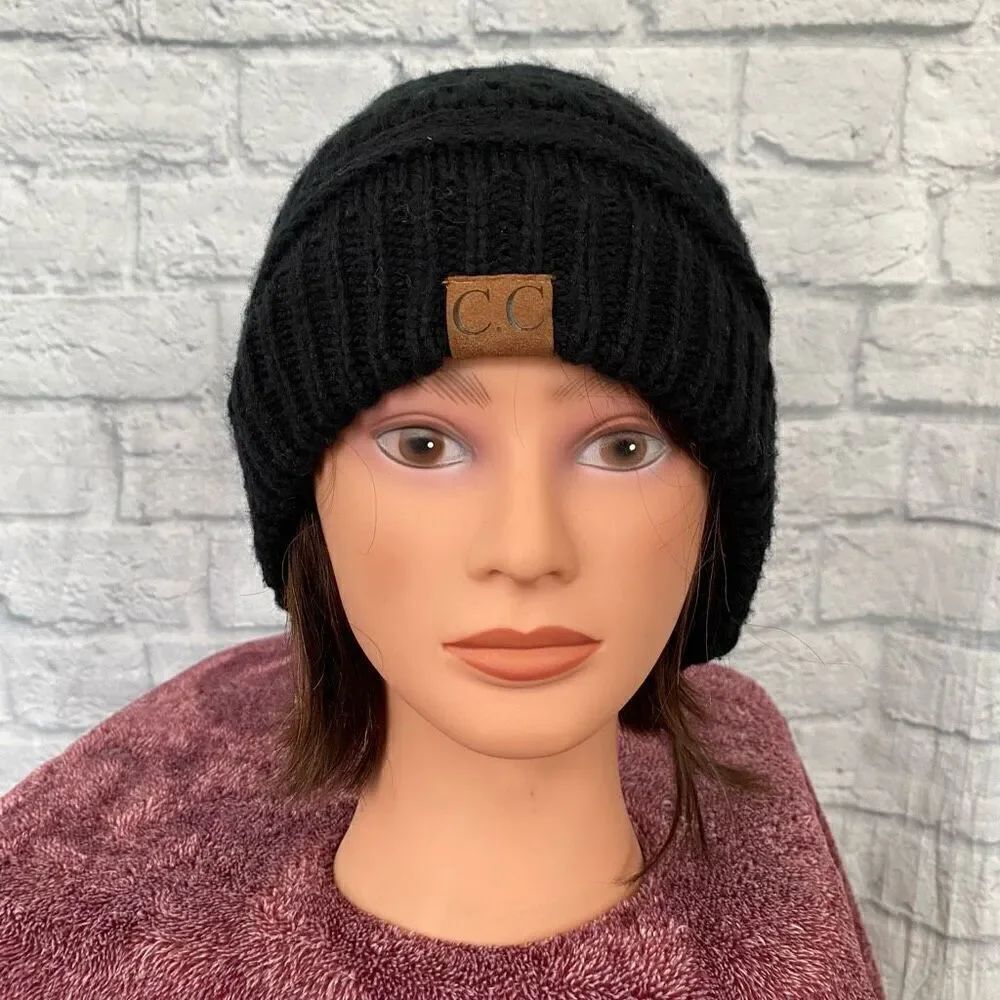 C.C. women OS winter beanie knit hat black